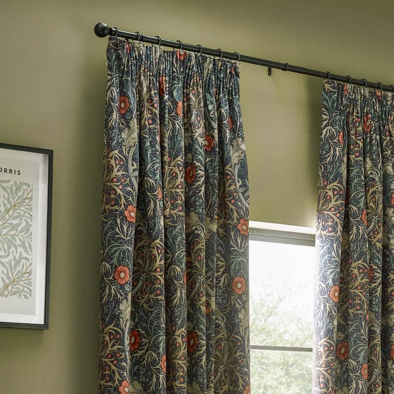 Seaweed Indigo Pencil Pleat Curtains - Just Fabrics