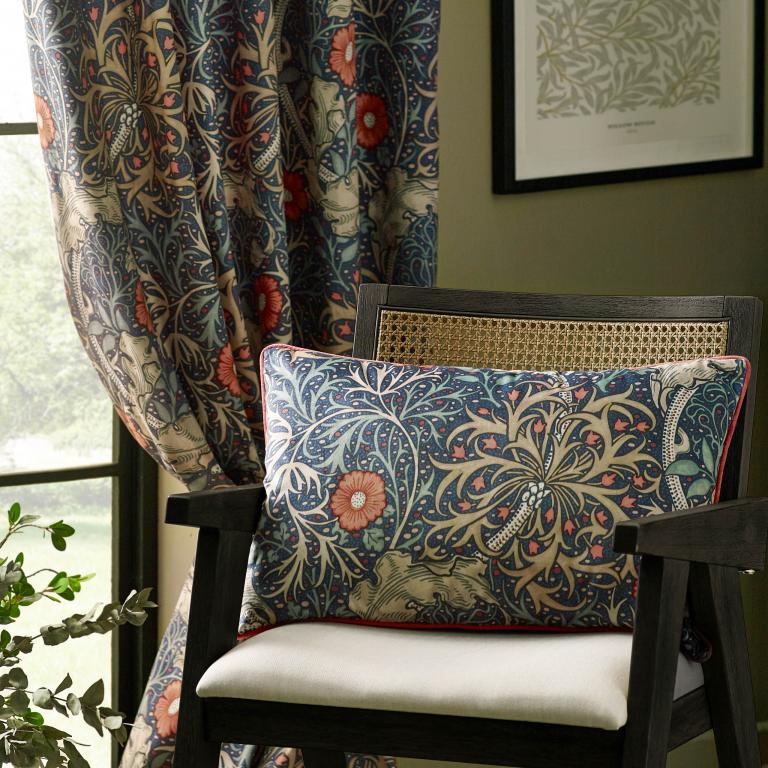 Seaweed Indigo Pencil Pleat Curtains - Just Fabrics