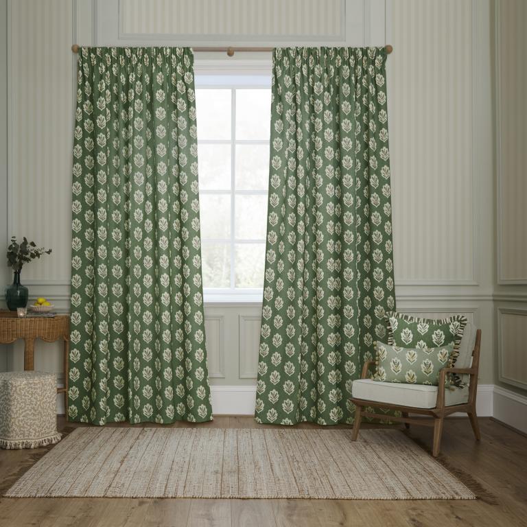Sessile Leaf Leaf Green Pencil Pleat Curtains - Just Fabrics
