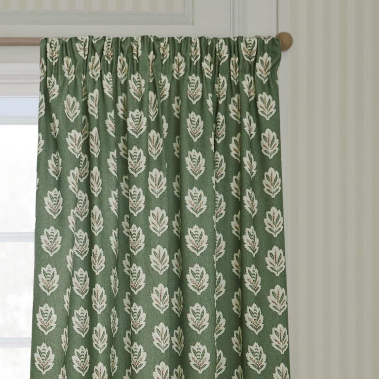 Sessile Leaf Leaf Green Pencil Pleat Curtains - Just Fabrics
