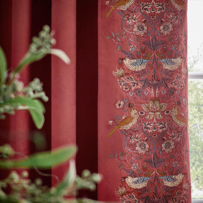 Strawberry Thief Embroidery Berry Pencil Pleat Curtains - Just Fabrics