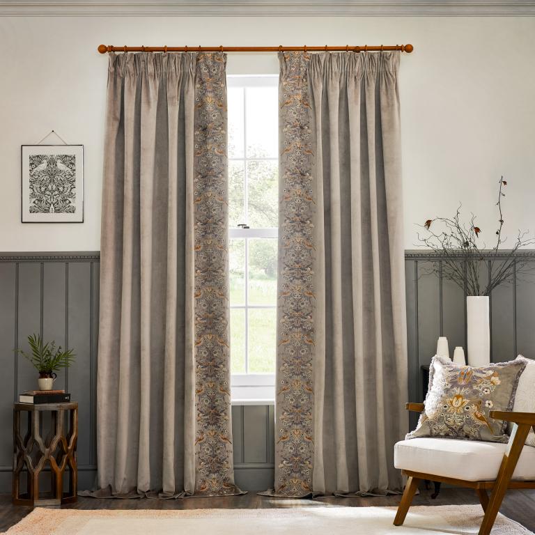 Strawberry Thief Embroidery Biscuit Pencil Pleat Curtains - Just Fabrics