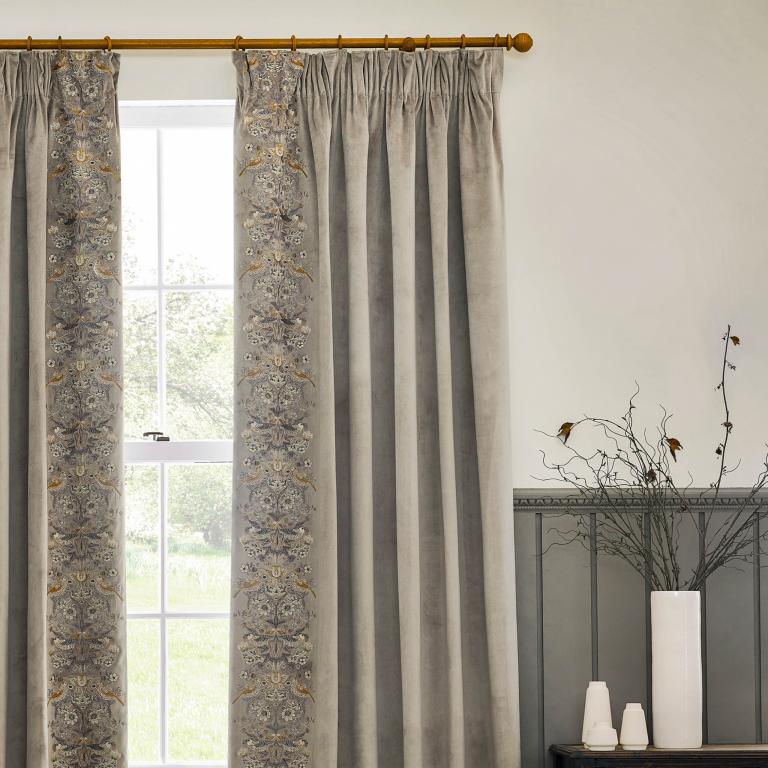 Strawberry Thief Embroidery Biscuit Pencil Pleat Curtains - Just Fabrics