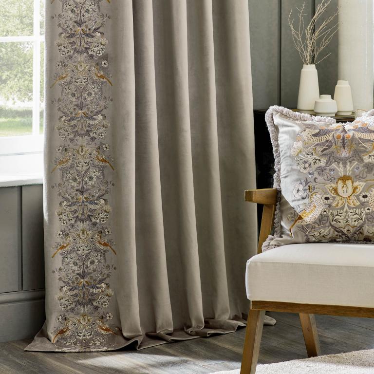 Strawberry Thief Embroidery Biscuit Pencil Pleat Curtains - Just Fabrics