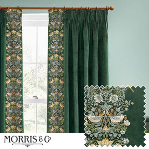 Strawberry Thief Embroidery Forest Green Pencil Pleat Curtains