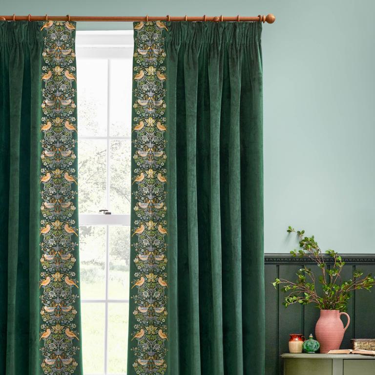 Strawberry Thief Embroidery Forest Green Pencil Pleat Curtains - Just Fabrics