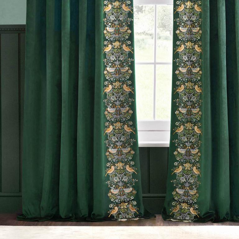 Strawberry Thief Embroidery Forest Green Pencil Pleat Curtains - Just Fabrics