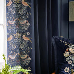 Strawberry Thief Embroidery Indigo Pencil Pleat Curtains - Just Fabrics