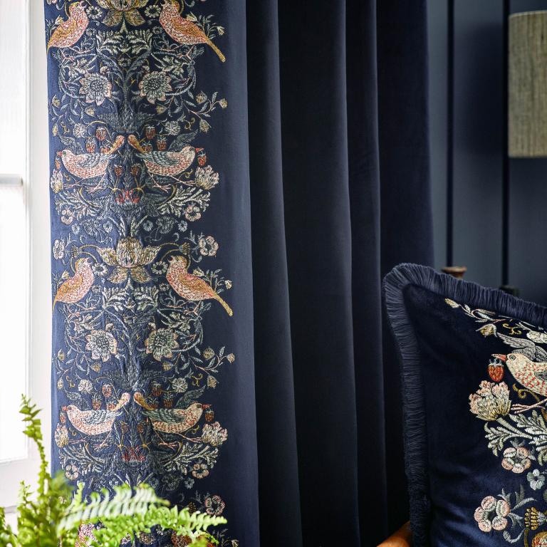 Strawberry Thief Embroidery Indigo Pencil Pleat Curtains - Just Fabrics