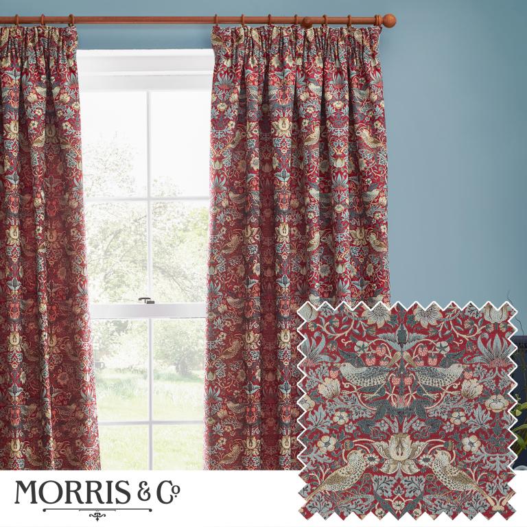 Strawberry Thief Jacquard Berry Pencil Pleat Curtains - Just Fabrics