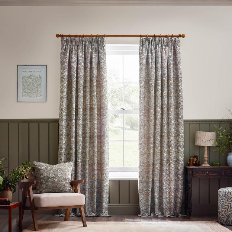 Strawberry Thief Jacquard Biscuit Pencil Pleat Curtains - Just Fabrics