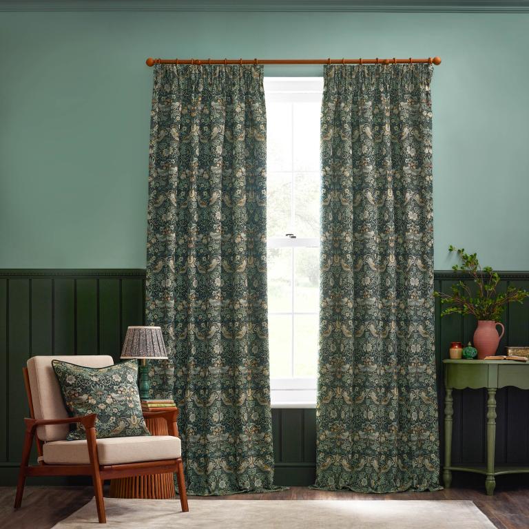 Strawberry Thief Jacquard Forest Green Pencil Pleat Curtains - Just Fabrics