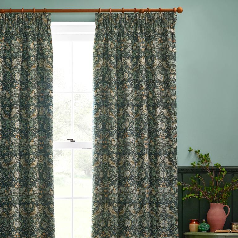 Strawberry Thief Jacquard Forest Green Pencil Pleat Curtains - Just Fabrics