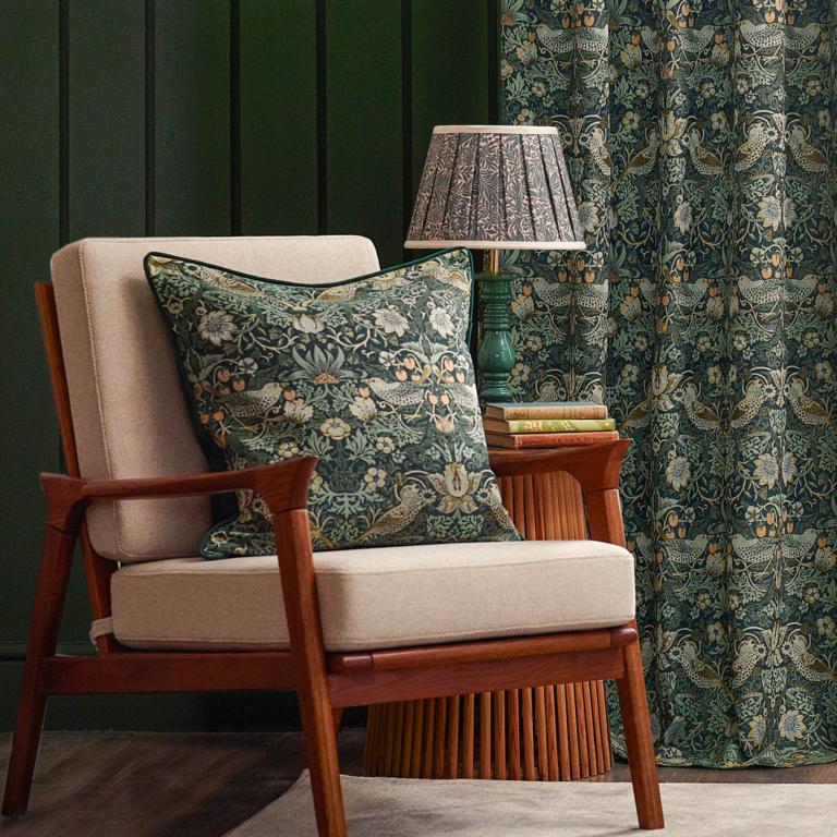 Strawberry Thief Jacquard Forest Green Pencil Pleat Curtains - Just Fabrics