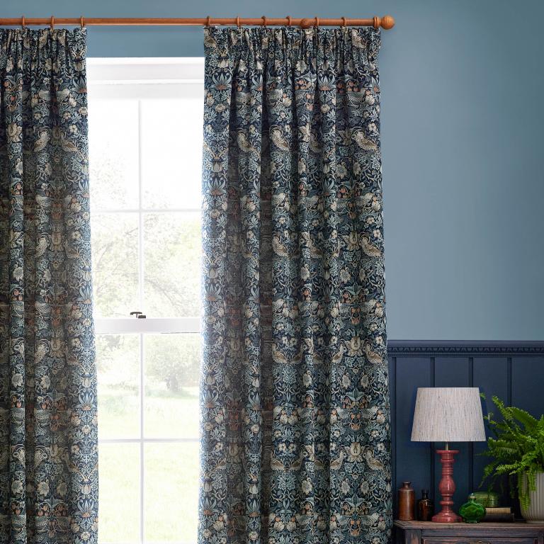 Strawberry Thief Jacquard Indigo Pencil Pleat Curtains - Just Fabrics