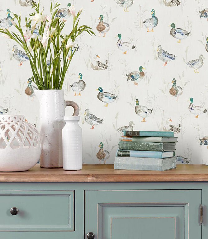 Paddling Ducks Cream Wallpaper - Just Fabrics