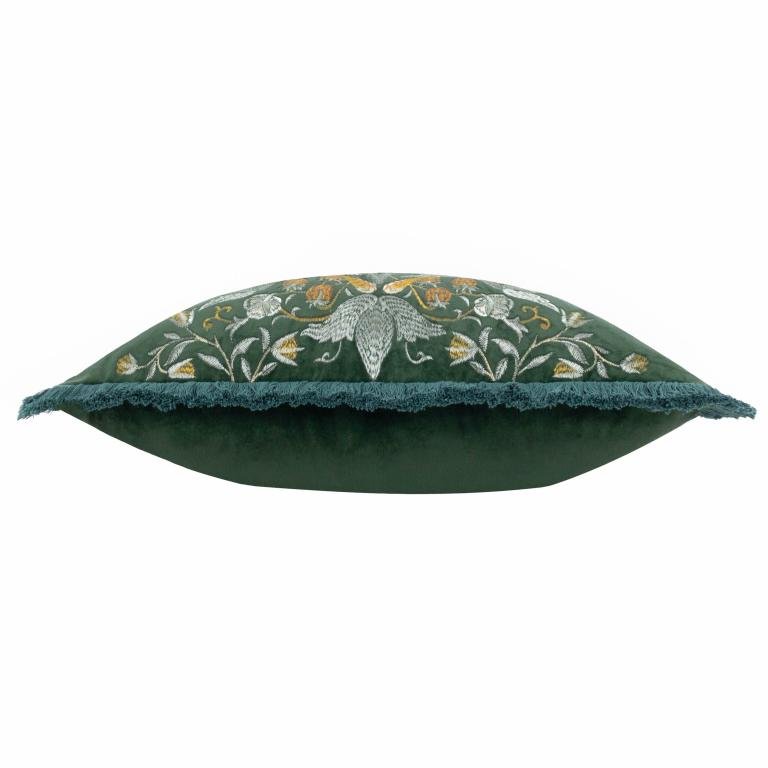 Strawberry Thief Embroidery Forest Green Cushion - Just Fabrics