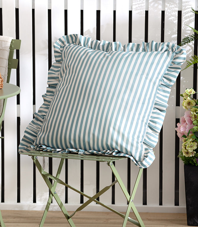 Outdoor Cushions - Millie Ruffle Striped Outdoor Duck Egg