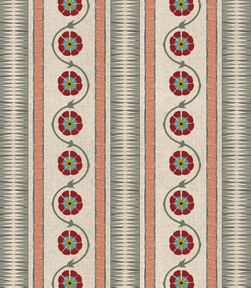 Indira Stripe designer fabric with vertical stripes and small scale floral pattern, suitable for curtains blinds cushions and upholstery