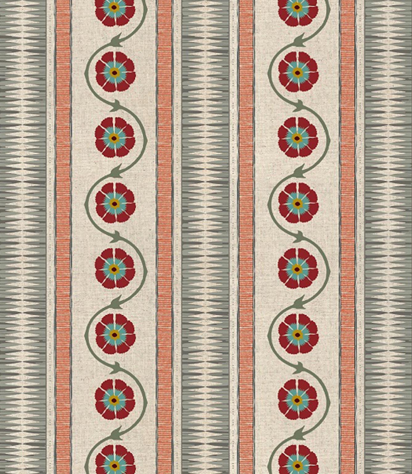 Indira Stripe designer fabric with vertical stripes and small scale floral pattern, suitable for curtains blinds cushions and upholstery