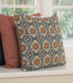 Maya designer fabric cushion with small scale floral pattern, shown with coordinating roman blind, suitable for curtains blinds cushions and upholstery