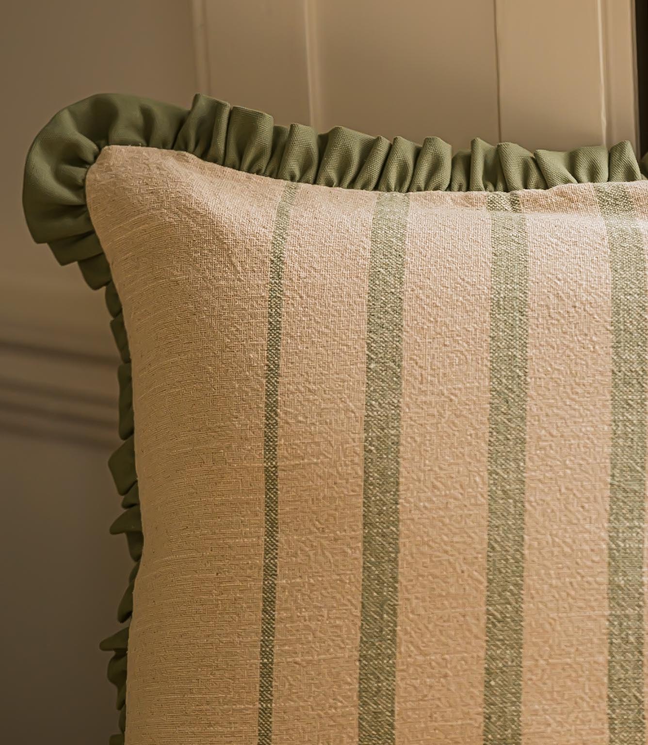 The Rustic Stripe Ruffle Square Cushion Sage