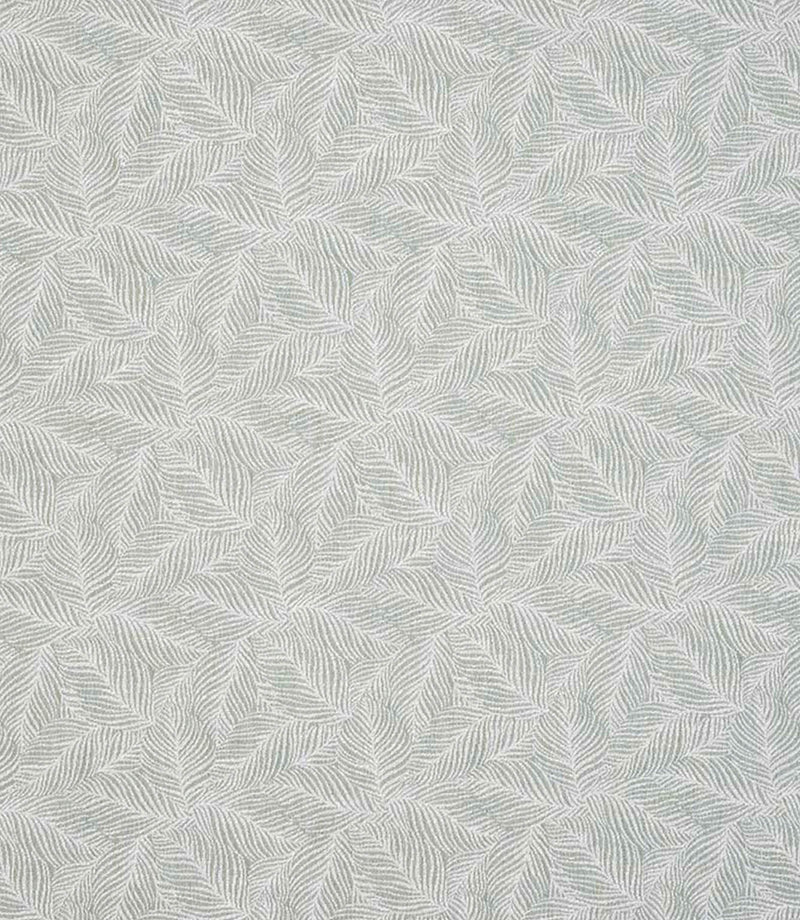 Detailed view of leaf-patterned woven fabric in muted green and off-white tones, showing an intricate foliage motif with a subtle tactile finish.