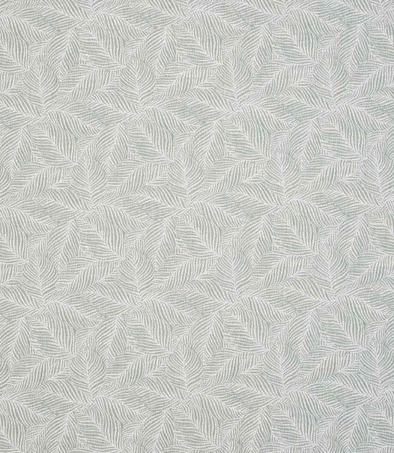Detailed view of leaf-patterned woven fabric in muted green and off-white tones, showing an intricate foliage motif with a subtle tactile finish.