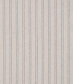 Woven stripe fabric with a soft neutral beige background and fine grey and white vertical ticking stripes, subtle texture throughout.