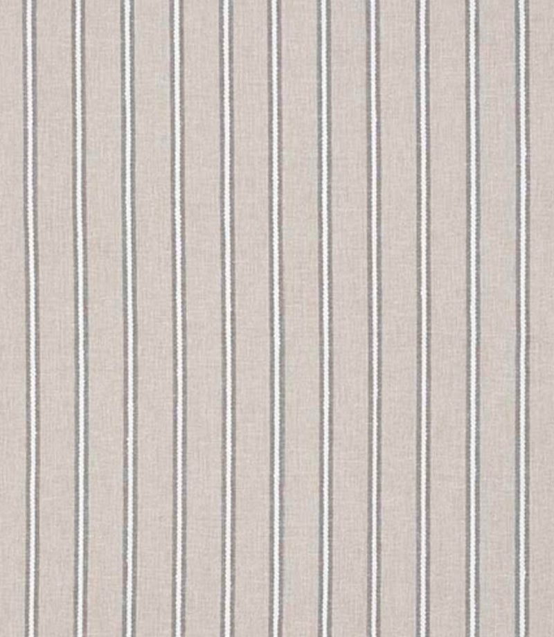 Woven stripe fabric with a soft neutral beige background and fine grey and white vertical ticking stripes, subtle texture throughout.