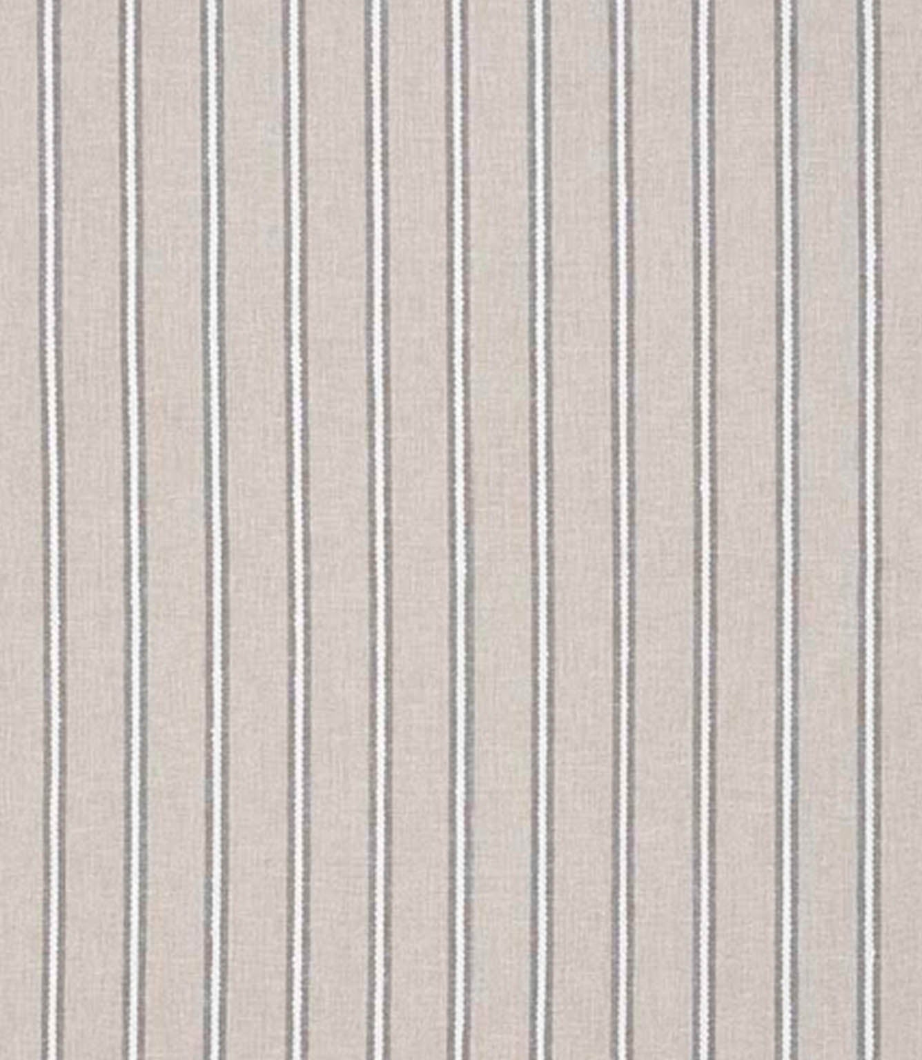 Woven stripe fabric with a soft neutral beige background and fine grey and white vertical ticking stripes, subtle texture throughout.