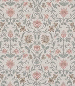 Close-up view of a classic floral fabric with delicate pink blossoms, sage green leaves and taupe accents on a soft neutral background, emphasising the intricate pattern detail.