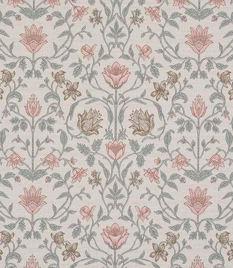 Close-up view of a classic floral fabric with delicate pink blossoms, sage green leaves and taupe accents on a soft neutral background, emphasising the intricate pattern detail.