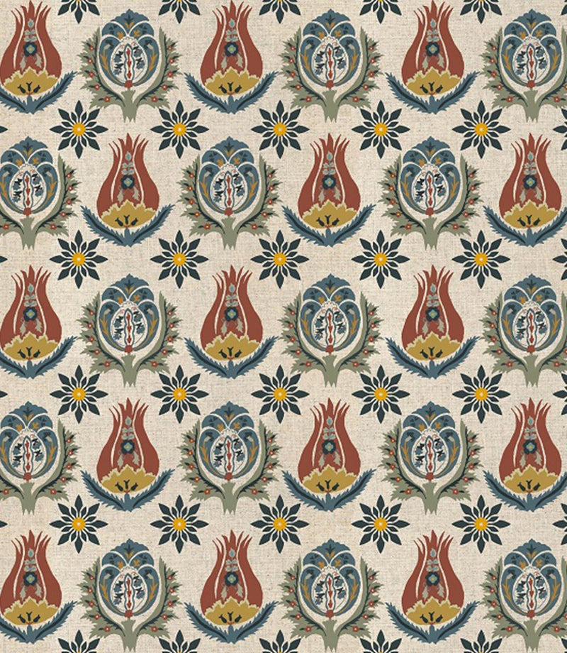 Talia designer fabric with small scale floral motif and intricate repeating botanical pattern, suitable for curtains blinds cushions and upholstery