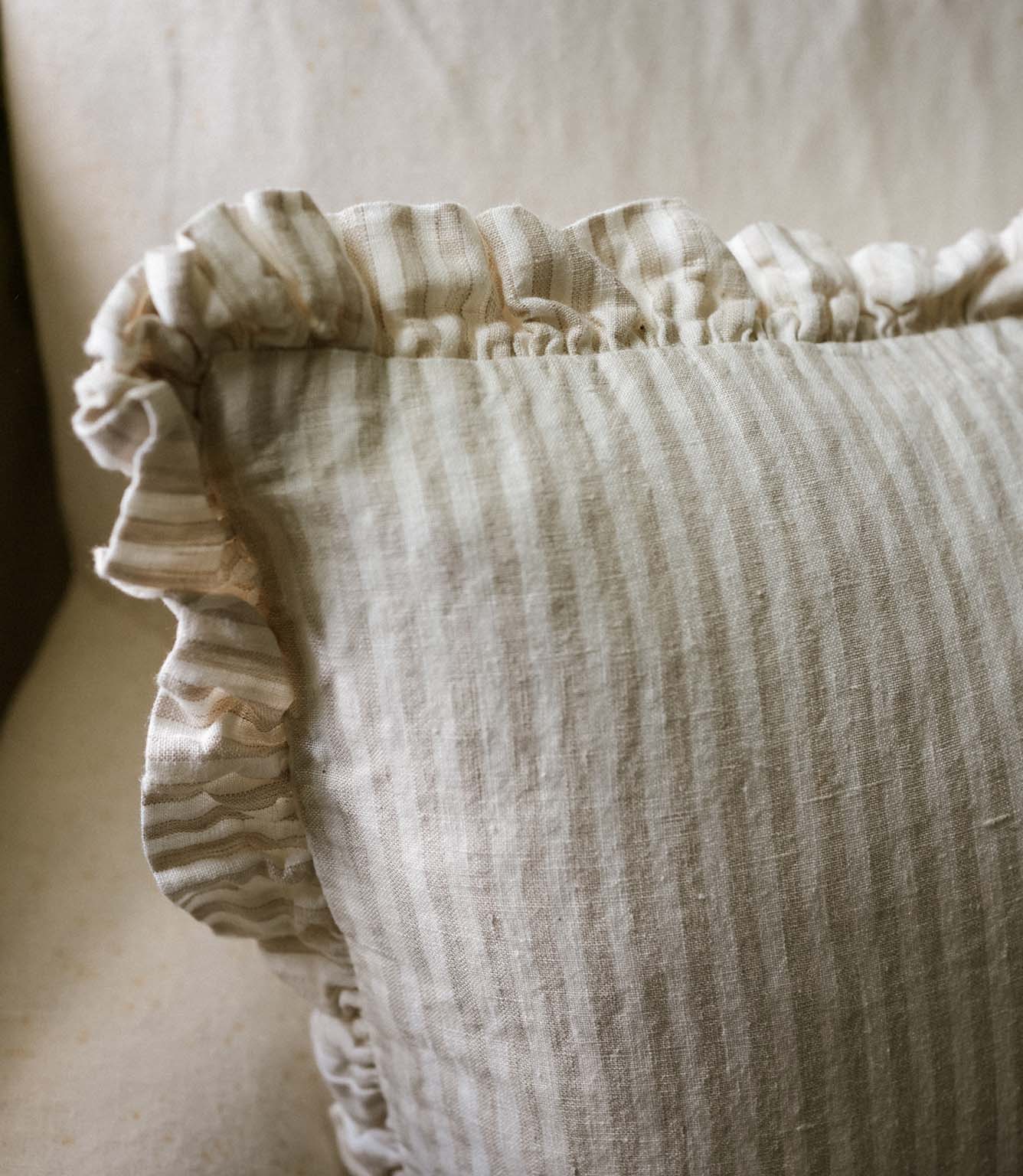 The Provence Ticking Stripe Washed Linen Cushion Taupe