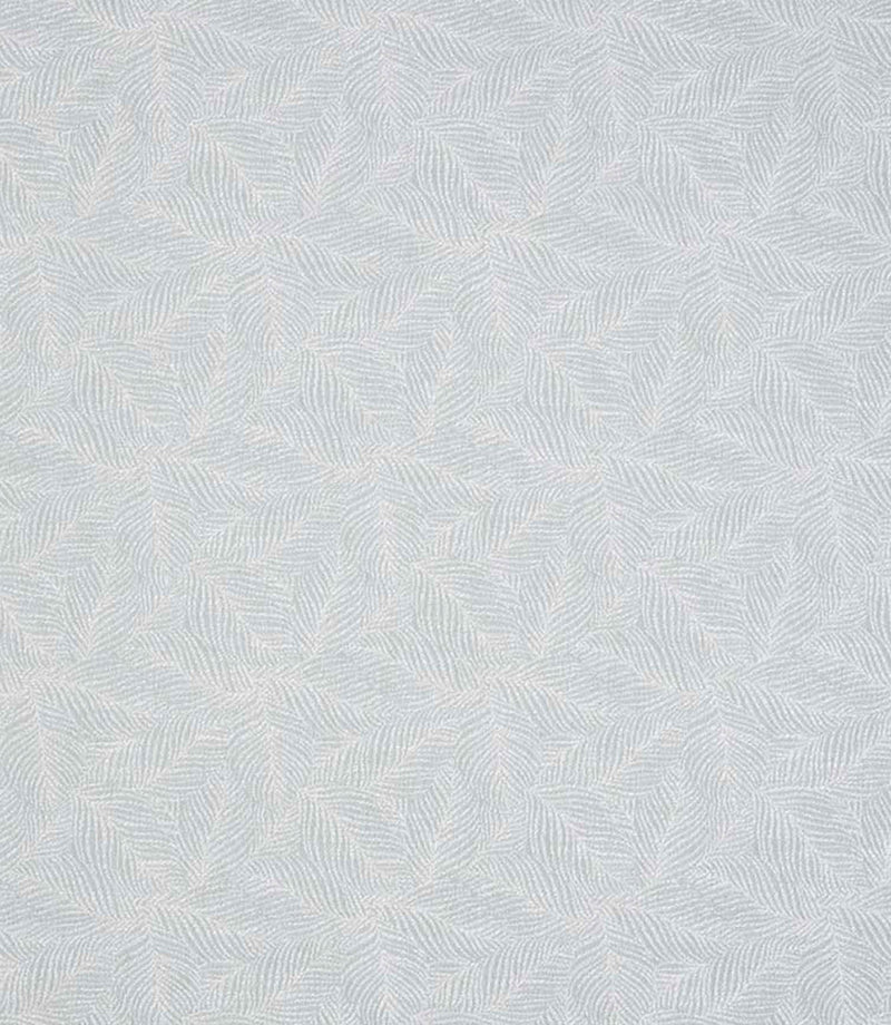 Detailed view of woven leaf design fabric in light blue and off-white shades, showing an intricate, repeating foliage pattern with a gentle, tactile finish.