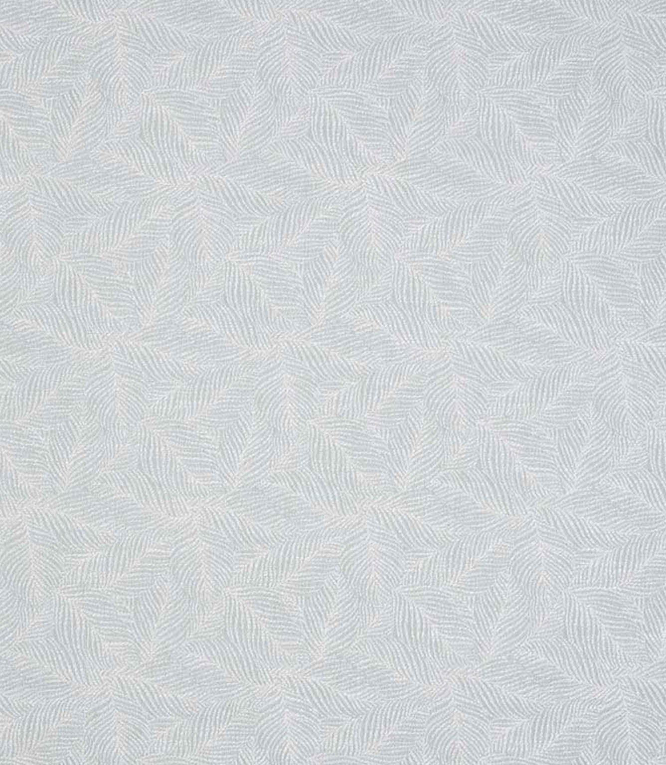 Detailed view of woven leaf design fabric in light blue and off-white shades, showing an intricate, repeating foliage pattern with a gentle, tactile finish.