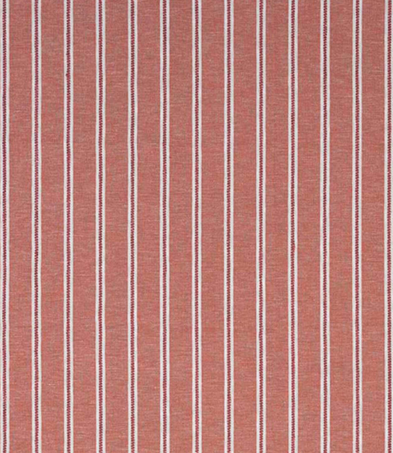 Woven stripe fabric featuring a warm terracotta base with narrow cream and deep red vertical stripes, classic ticking style with a soft, textured finish.