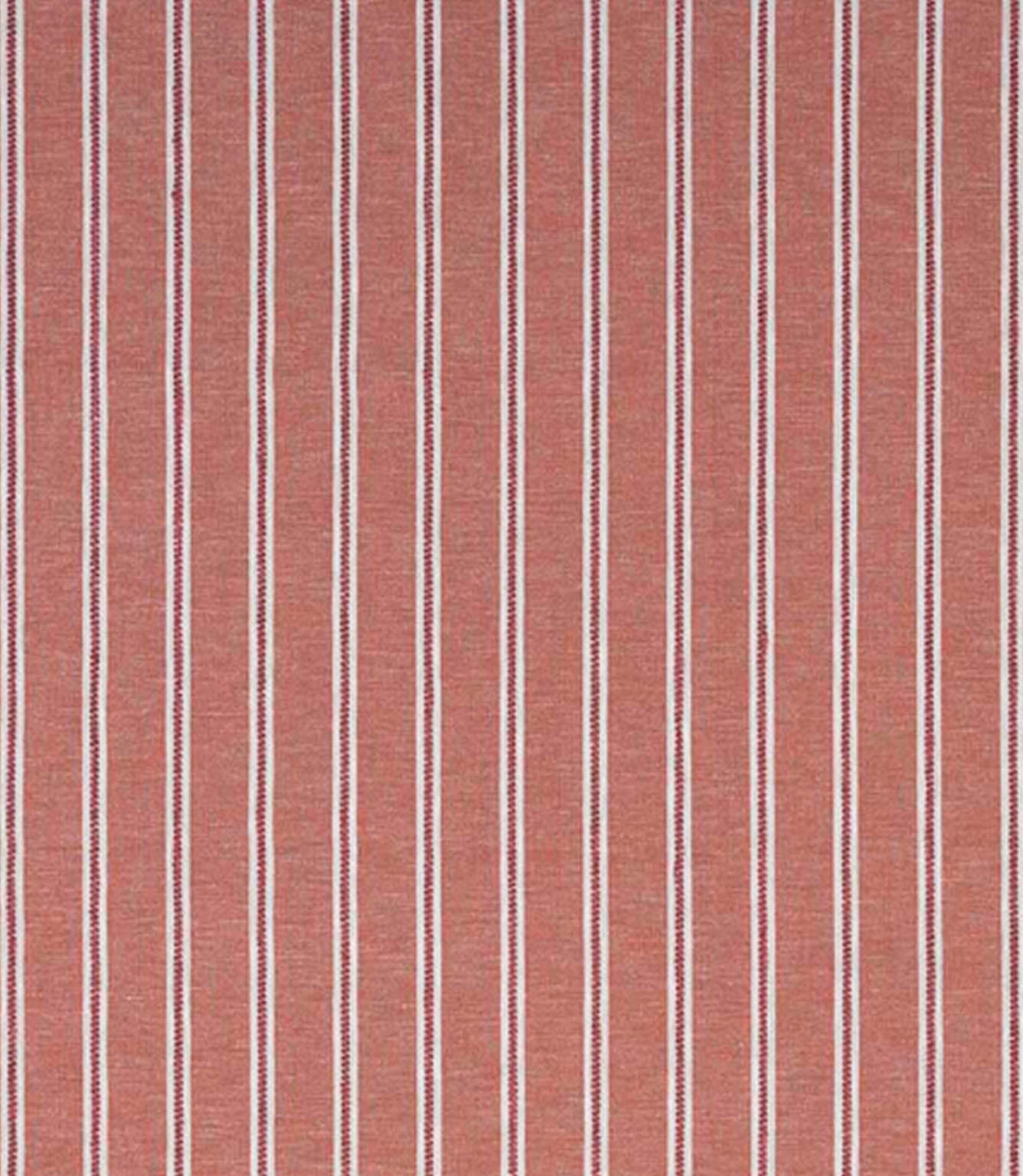 Woven stripe fabric featuring a warm terracotta base with narrow cream and deep red vertical stripes, classic ticking style with a soft, textured finish.