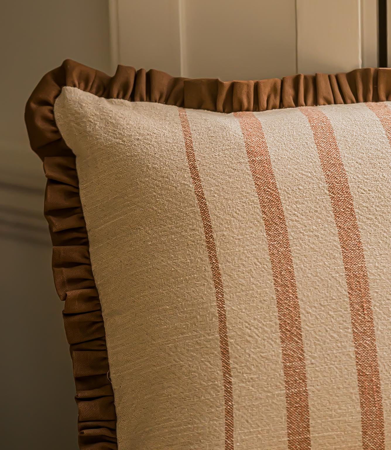 The Rustic Stripe Ruffle Square Cushion Brick