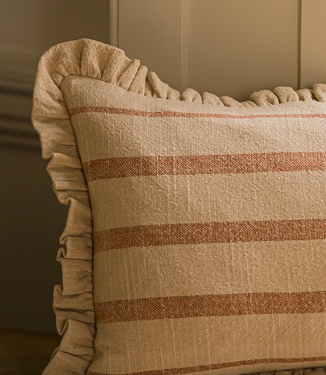 The Rustic Stripe Ruffle Rectangle Cushion Brick