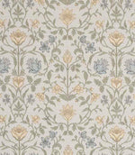 Detailed botanical fabric featuring stylised flowers in soft yellow, pale blue and muted green tones on a light neutral base, with a balanced and symmetrical layout.