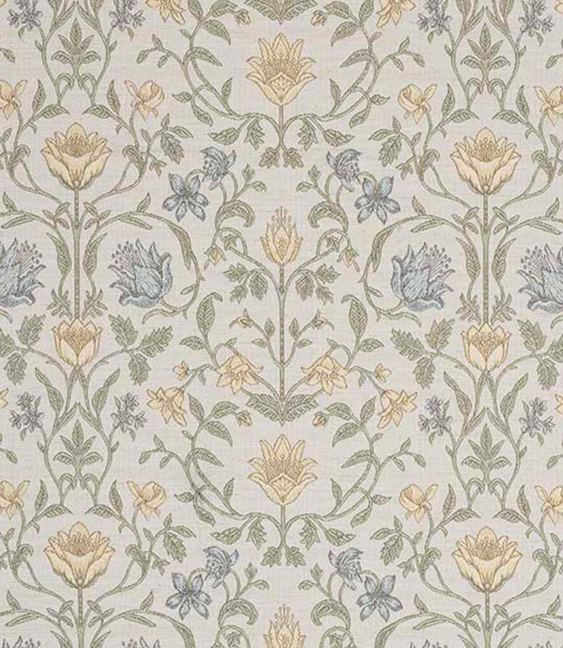 Detailed botanical fabric featuring stylised flowers in soft yellow, pale blue and muted green tones on a light neutral base, with a balanced and symmetrical layout.