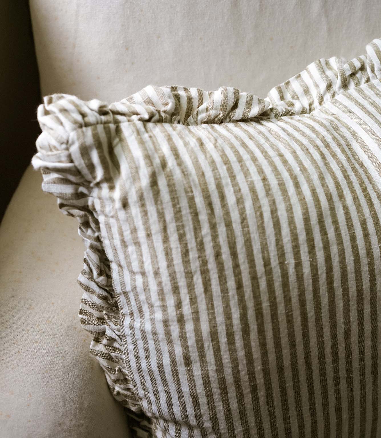 The Provence Ticking Stripe Washed Linen Cushion Olive
