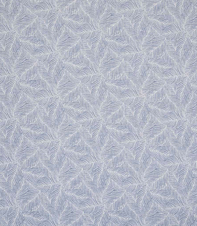 Detailed view of leaf-patterned woven fabric in muted blue and off-white shades, showing a layered foliage design with a gentle, textured finish.