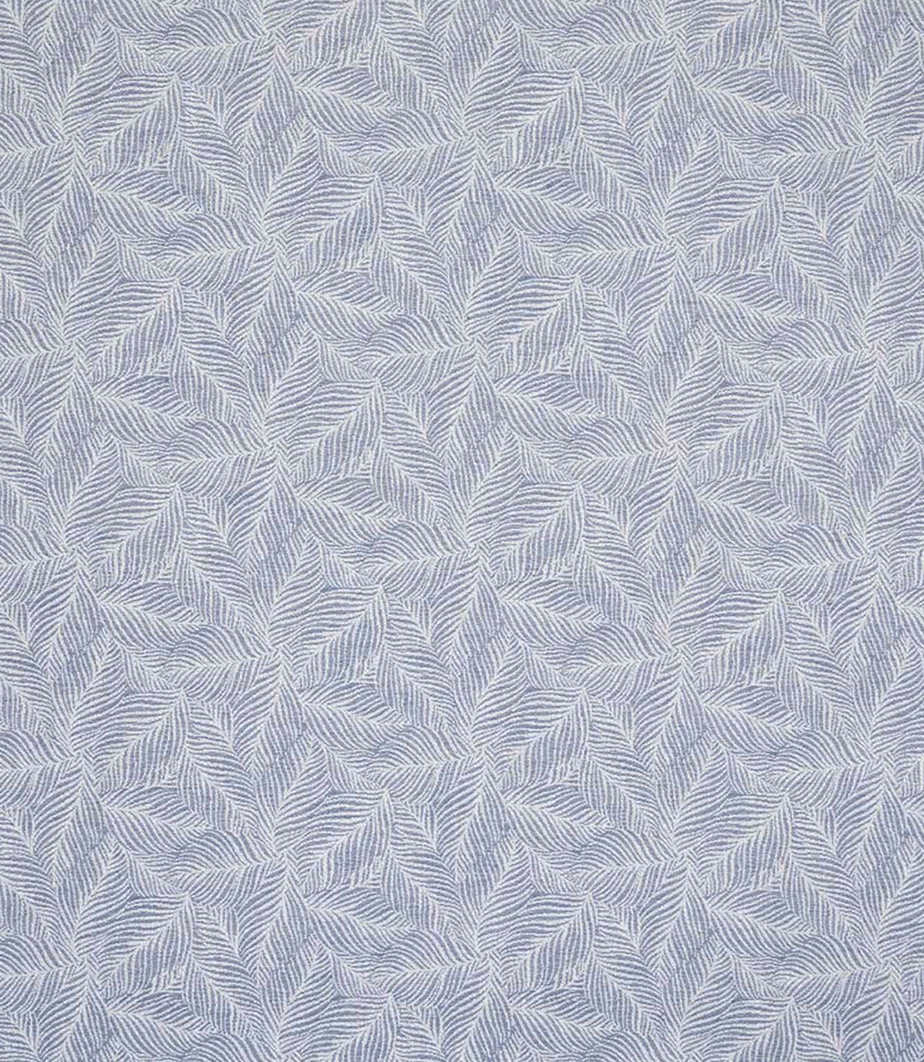 Detailed view of leaf-patterned woven fabric in muted blue and off-white shades, showing a layered foliage design with a gentle, textured finish.