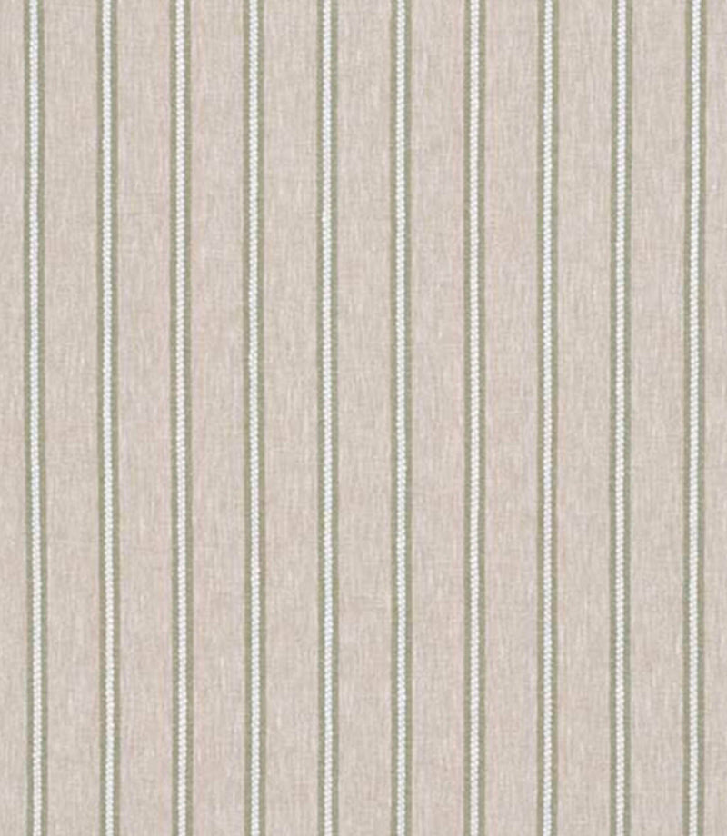 Woven stripe fabric with a light neutral linen-look ground and muted green and white vertical stripes, understated and softly textured.