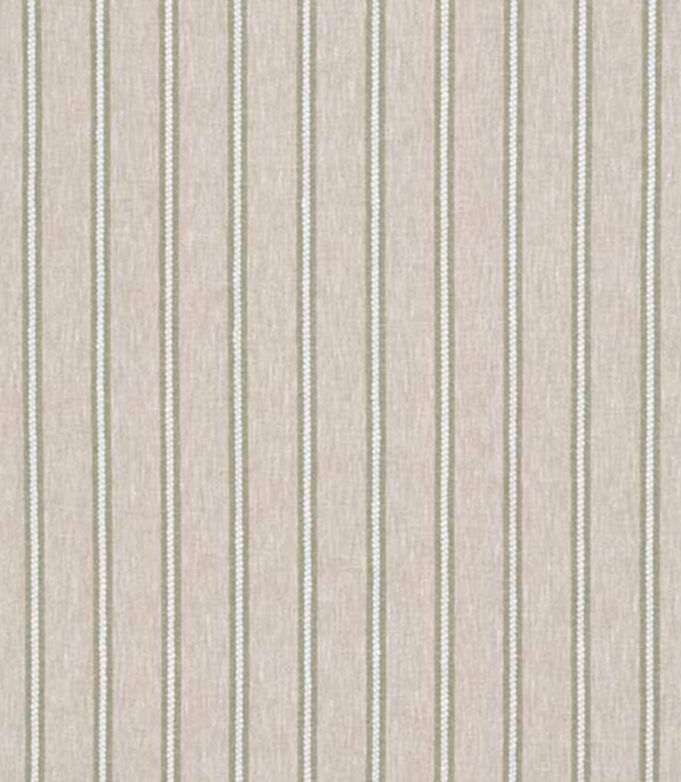 Woven stripe fabric with a light neutral linen-look ground and muted green and white vertical stripes, understated and softly textured.