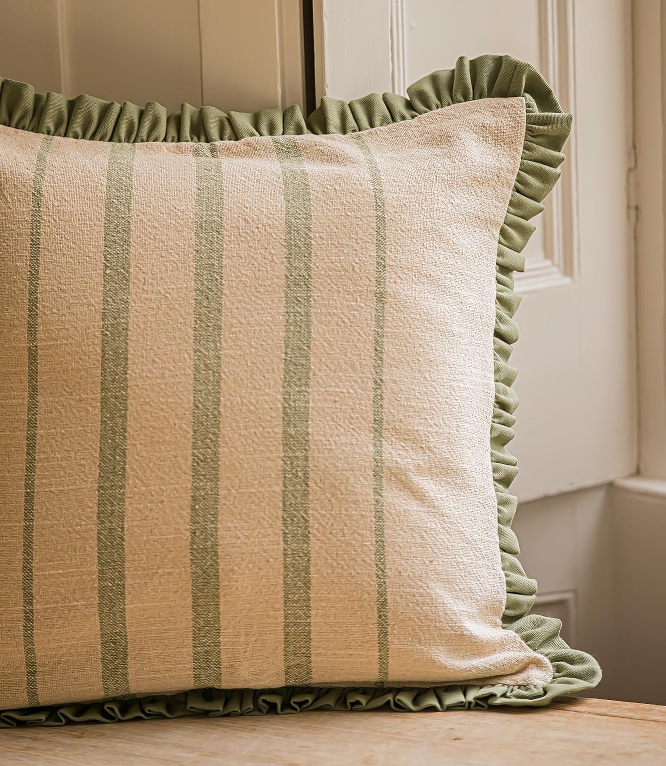 The Rustic Stripe Ruffle Square Cushion Sage