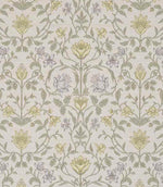 Detailed botanical fabric featuring stylised flowers in soft yellow, pale blue and muted green tones on a light neutral base, with a balanced and symmetrical layout.